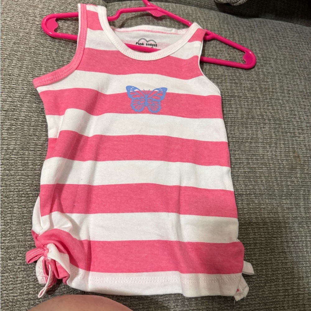 Velvet Kids Tank Top - Pink and White Stripes with Butterfly